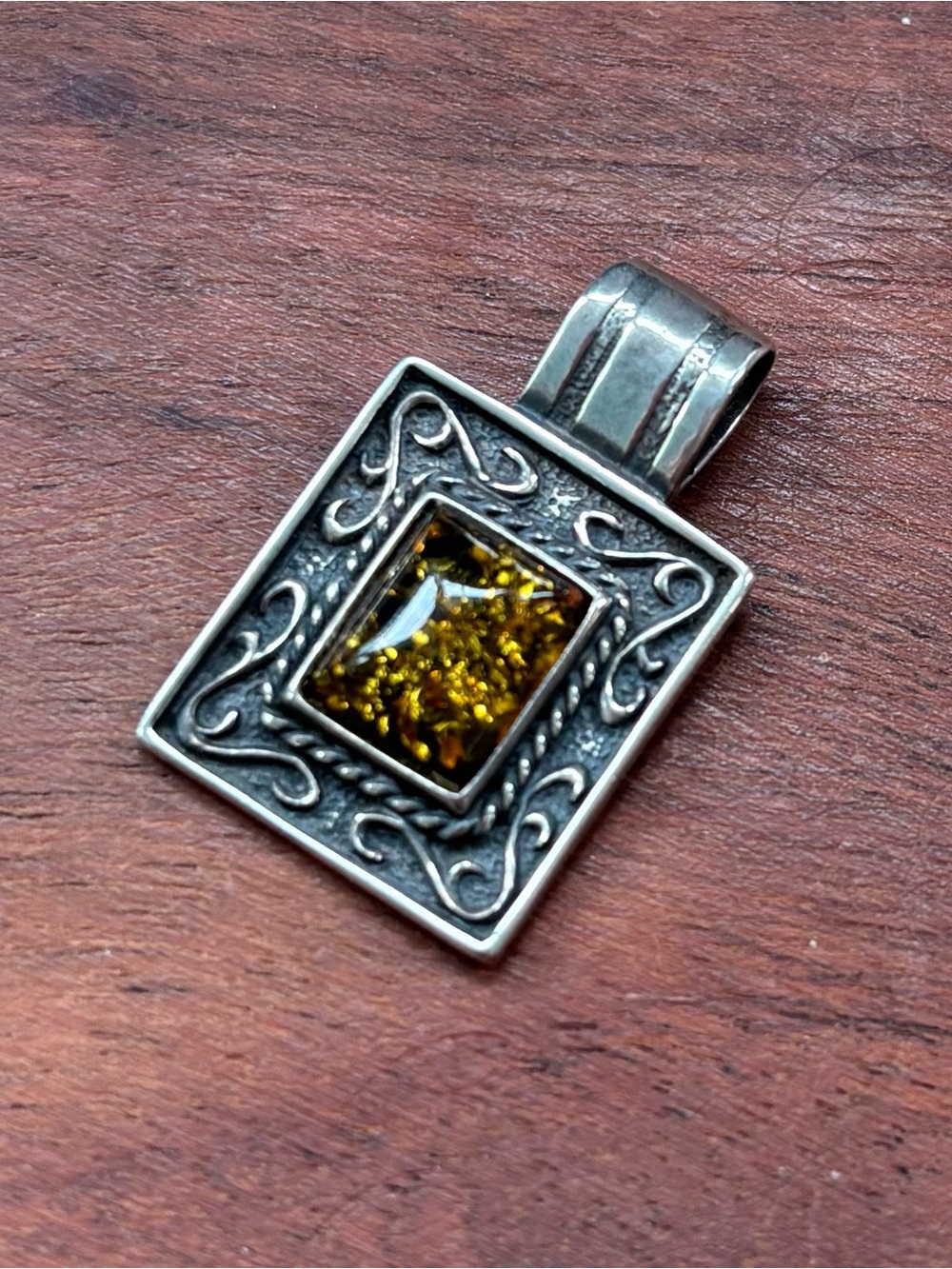 Vintage Sterling Silver Green Amber Square Pendant